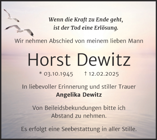Traueranzeige von Horst Dewitz von Trauerkombi Wittenberg