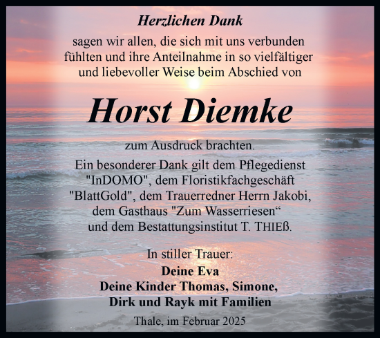 Traueranzeige von Horst Diemke von Trauerkombi Quedlinburg