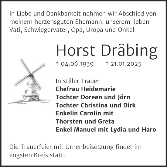 Traueranzeige von Horst Dräbing von Trauerkombi Bernburg