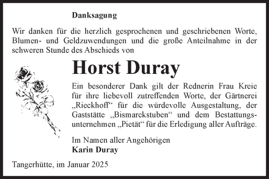 Traueranzeige von Horst Duray von Volksstimme Altmark Ost