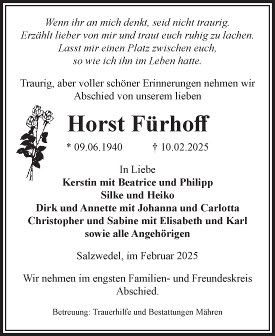 Traueranzeige von Horst Fürhoff von Volksstimme Altmark West