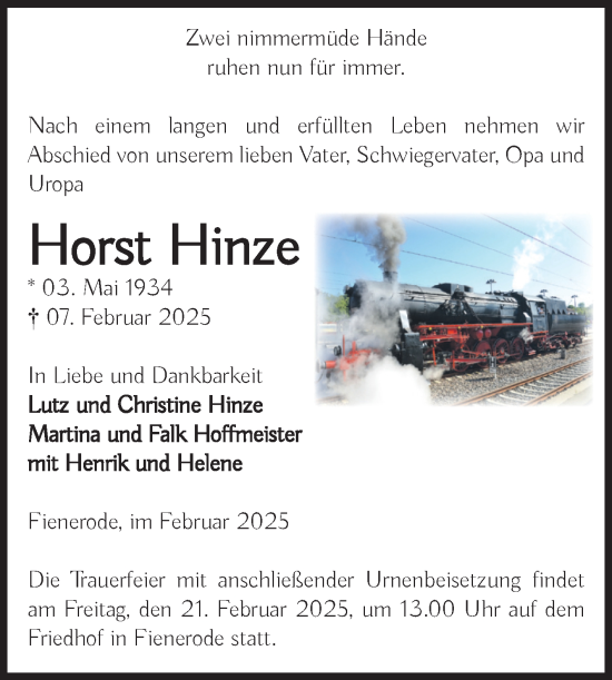 Traueranzeige von Horst Hinze von Volksstimme Burg/Genthin