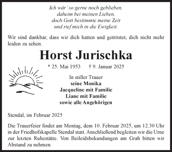Traueranzeige von Horst Jurischka von Volksstimme Altmark Ost