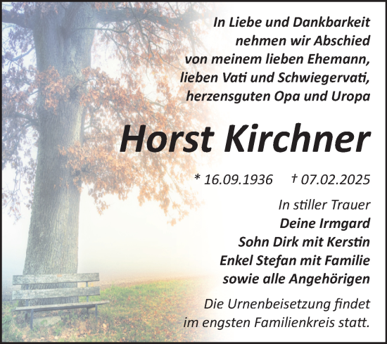 Traueranzeige von Horst Kirchner von Trauerkombi Bitterfeld