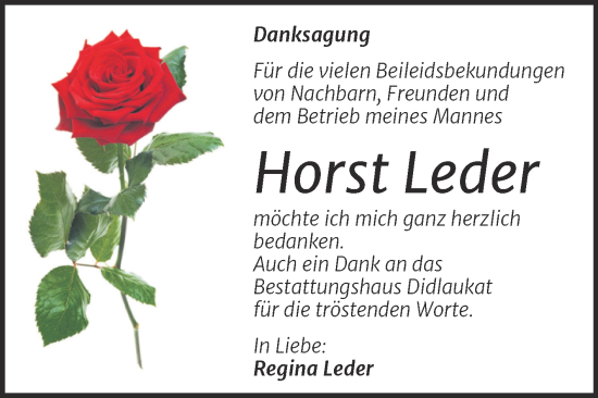 Traueranzeige von Horst Leder von Trauerkombi Quedlinburg