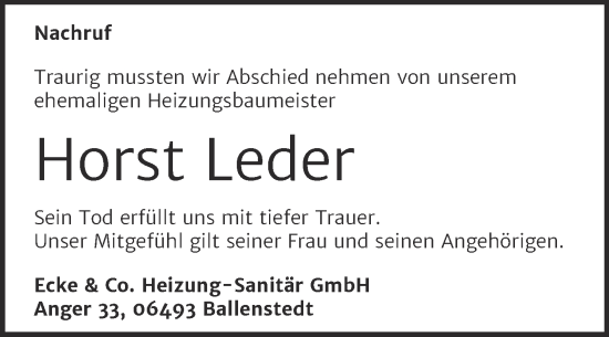 Traueranzeige von Horst Leder von Super Sonntag Quedlingburg
