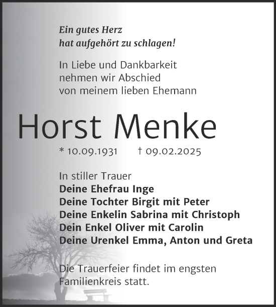 Traueranzeige von Horst Menke von Trauerkombi Wittenberg