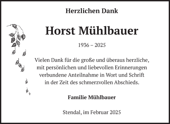 Traueranzeige von Horst Mühlbauer von Volksstimme Altmark Ost
