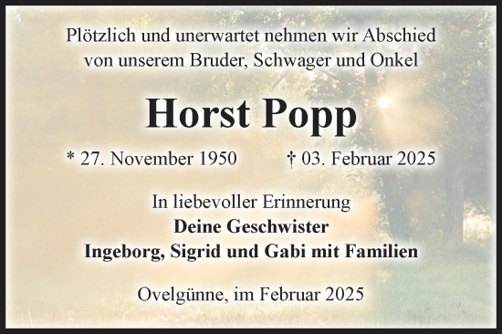 Traueranzeige von Horst Popp von Volksstimme Oschersleben/Wanzleben