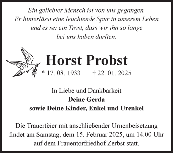 Traueranzeige von Horst Probst von Volksstimme Zerbst
