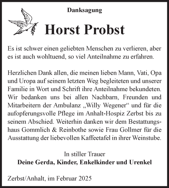 Traueranzeige von Horst Probst von Volksstimme Zerbst