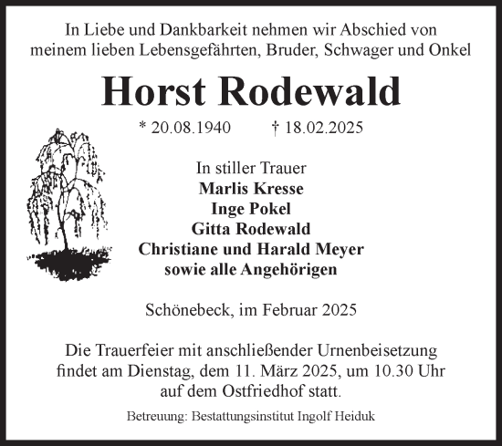 Traueranzeige von Horst Rodewald von Volksstimme Schönebeck