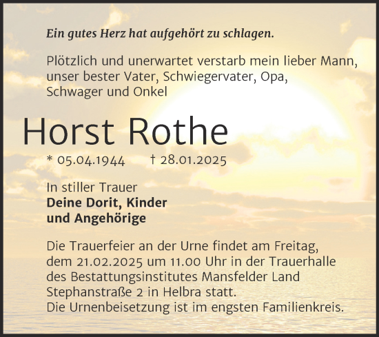 Traueranzeige von Horst Rothe von Trauerkombi Mansfelder Land