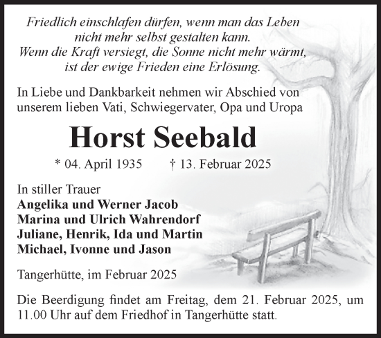 Traueranzeige von Horst Seebald von Volksstimme Altmark Ost