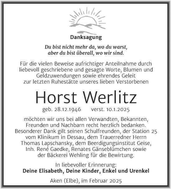 Traueranzeige von Horst Werlitz von Trauerkombi Köthen