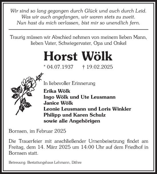 Traueranzeige von Horst Wölk von Volksstimme Altmark West