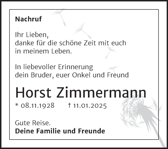 Traueranzeige von Horst Zimmermann von Trauerkombi Mansfelder Land
