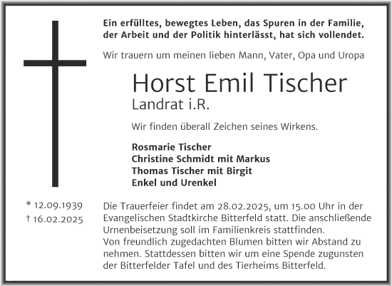 Traueranzeige von Horst Emil Tischer von Trauerkombi Bitterfeld