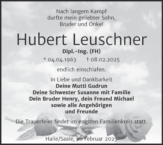 Traueranzeige von Hubert Leuschner von Trauerkombi Merseburg