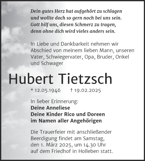 Traueranzeige von Hubert Tietzsch von Mitteldeutsche Zeitung Halle/Saalkreis