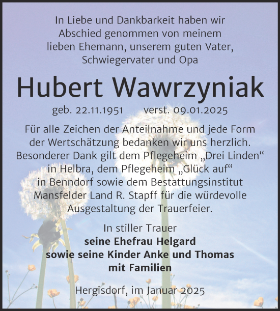 Traueranzeige von Hubert Wawrzyniak von Trauerkombi Mansfelder Land