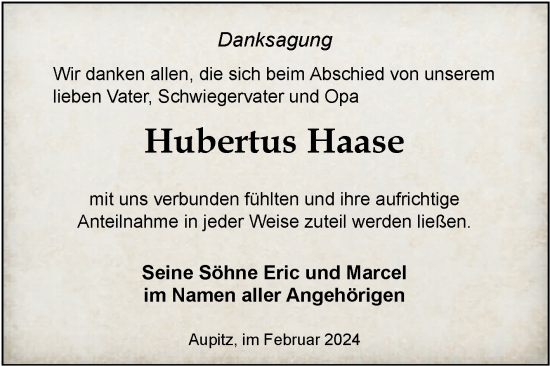 Traueranzeige von Hubertus Haase von Trauerkombi Weißenfels