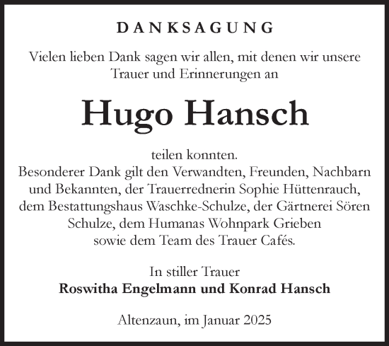Traueranzeige von Hugo Hansch von Volksstimme Altmark Ost