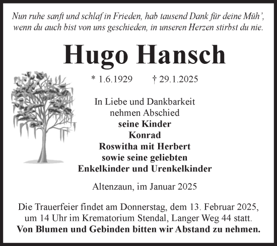 Traueranzeige von Hugo Hansch von Volksstimme Altmark Ost