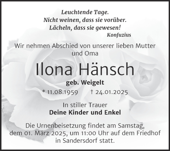 Traueranzeige von Ilona Hänsch von Trauerkombi Bitterfeld