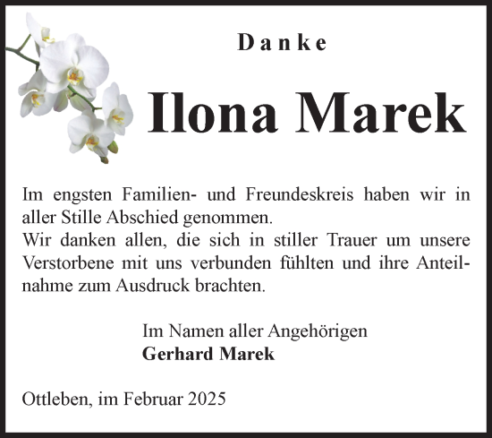 Traueranzeige von Ilona Marek von Volksstimme Oschersleben/Wanzleben