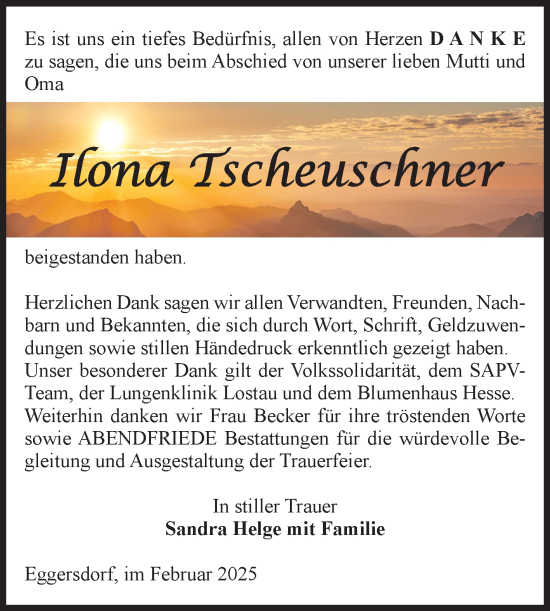 Traueranzeige von Ilona Tscheuschner von Volksstimme Schönebeck