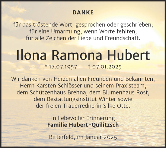 Traueranzeige von Ilona Ramona Hubert von Trauerkombi Bitterfeld