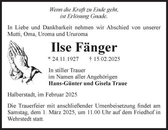 Traueranzeige von Ilse Fänger von Volksstimme Halberstadt