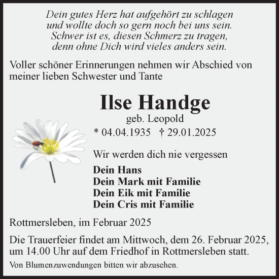Traueranzeige von Ilse Handge von Volksstimme Haldensleben/Wolmirstedt