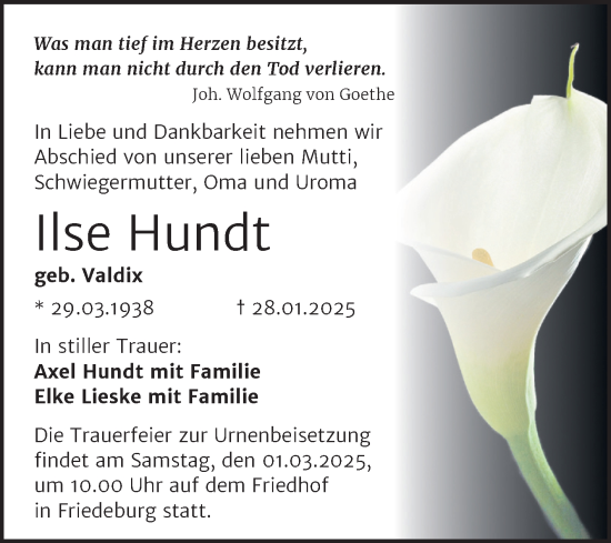 Traueranzeige von Ilse Hundt von Trauerkombi Mansfelder Land