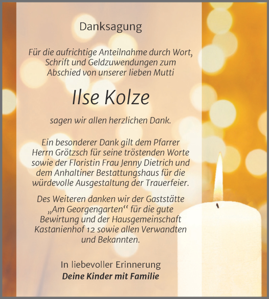 Traueranzeige von Ilse Kolze von Trauerkombi Dessau