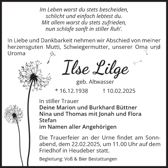 Traueranzeige von Ilse Lilge von Volksstimme Wernigerode