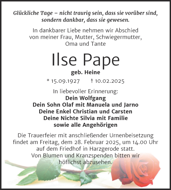 Traueranzeige von Ilse Pape von Trauerkombi Quedlinburg