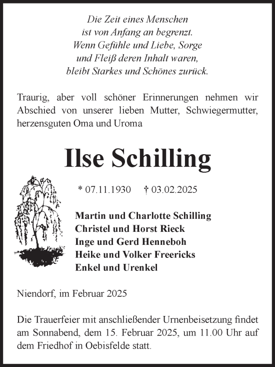 Traueranzeige von Ilse Schilling von Volksstimme Altmark West