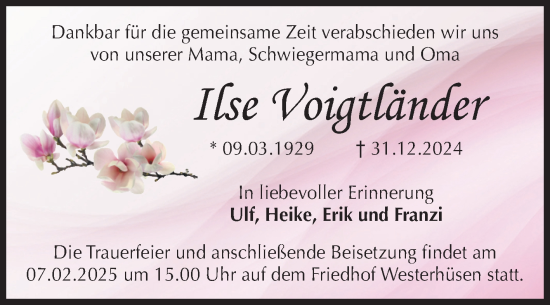 Traueranzeige von Ilse Voigtländer von Volksstimme Magdeburg