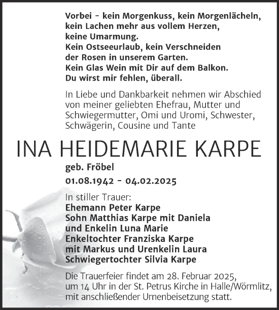 Traueranzeige von Ina Heidemarie Karpe von Mitteldeutsche Zeitung Halle/Saalkreis