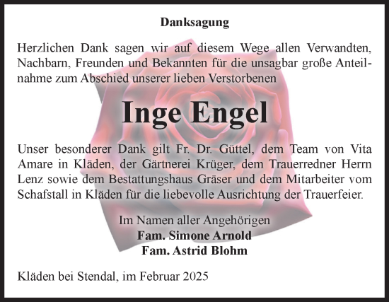 Traueranzeige von Inge Engel von Volksstimme Altmark Ost