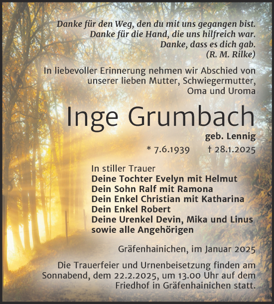 Traueranzeige von Inge Grumbach von Trauerkombi Wittenberg