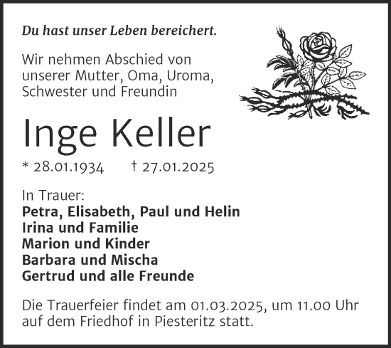 Traueranzeige von Inge Keller von Trauerkombi Wittenberg
