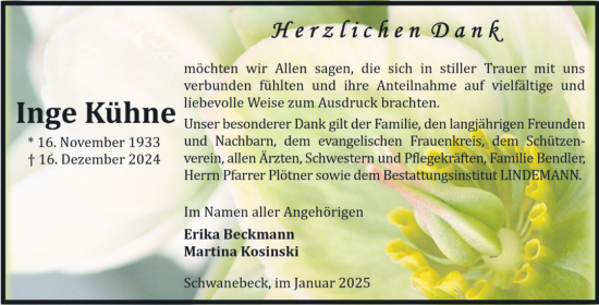 Traueranzeige von Inge Küthne von Volksstimme Halberstadt