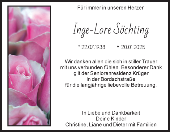 Traueranzeige von Inge-Lore Söchting von Volksstimme Halberstadt