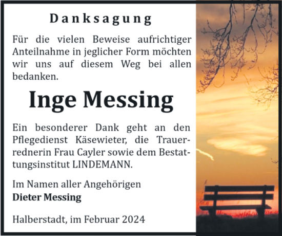 Traueranzeige von Inge Messing von Volksstimme Halberstadt