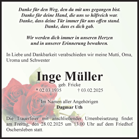 Traueranzeige von Inge Müller von Volksstimme Oschersleben/Wanzleben
