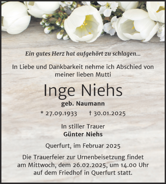 Traueranzeige von Inge Niehs von Trauerkombi Merseburg