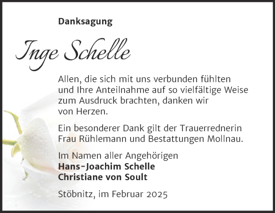 Traueranzeige von Inge Schelle von Trauerkombi Merseburg